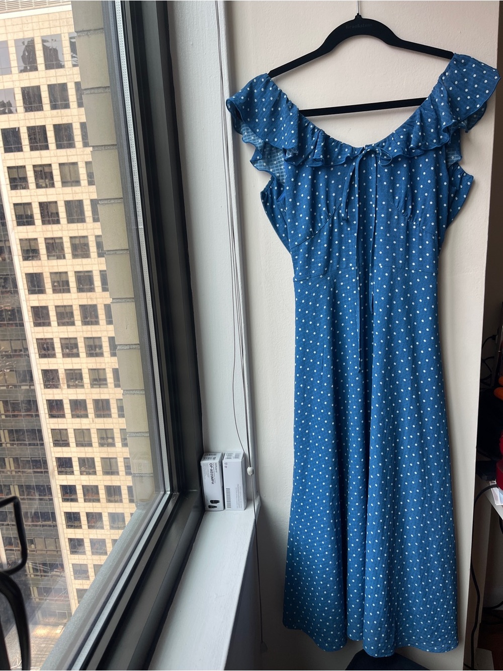Blue Polka Dot Ruffle-Trim Maxi Dress with Tie Front
